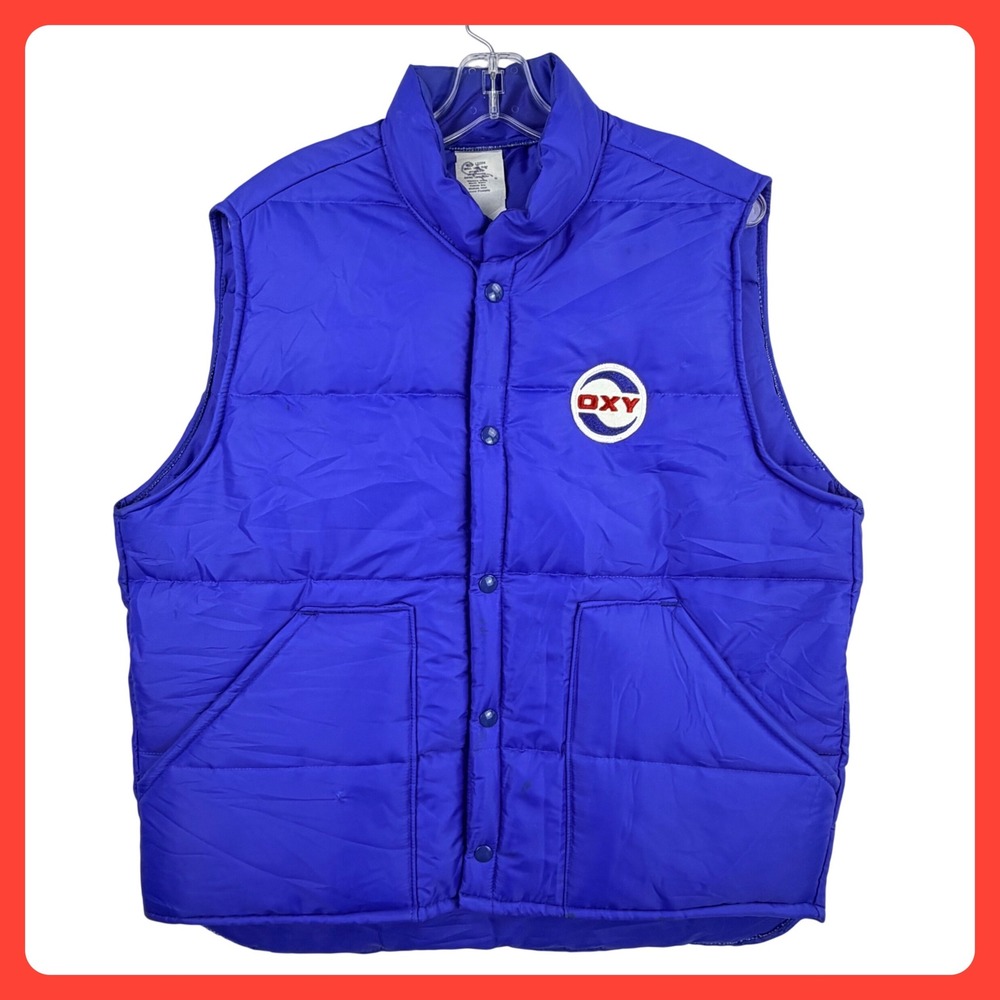 OXY Puffer Vest Men Large Royal Blue Nylon Quilted Snap Oil & Gas Vintage